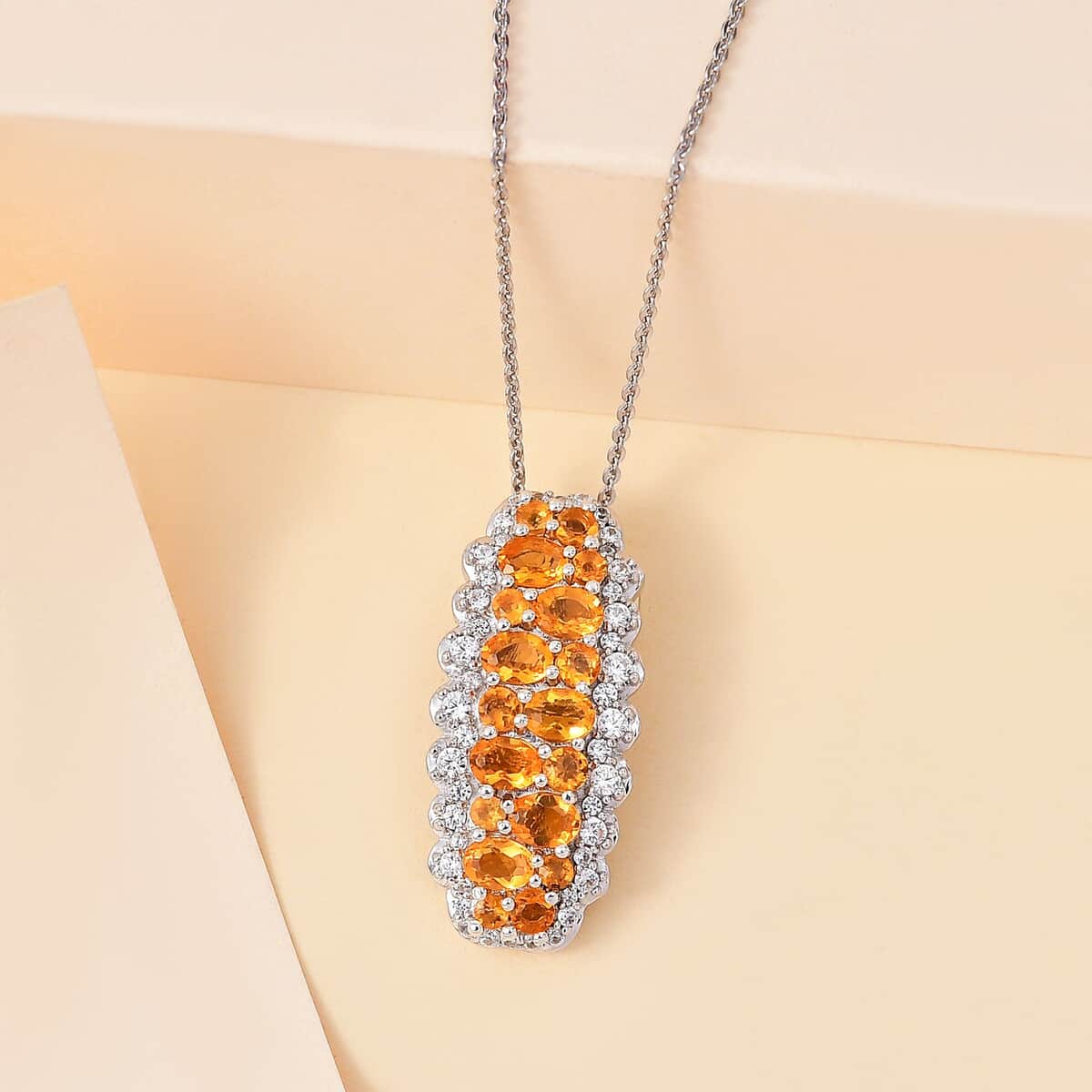 Salamanca Fire Opal and White Zircon 2.25 ctw Serenity Nature Pendant Necklace 20 Inches in Platinum Over Sterling Silver image number 1