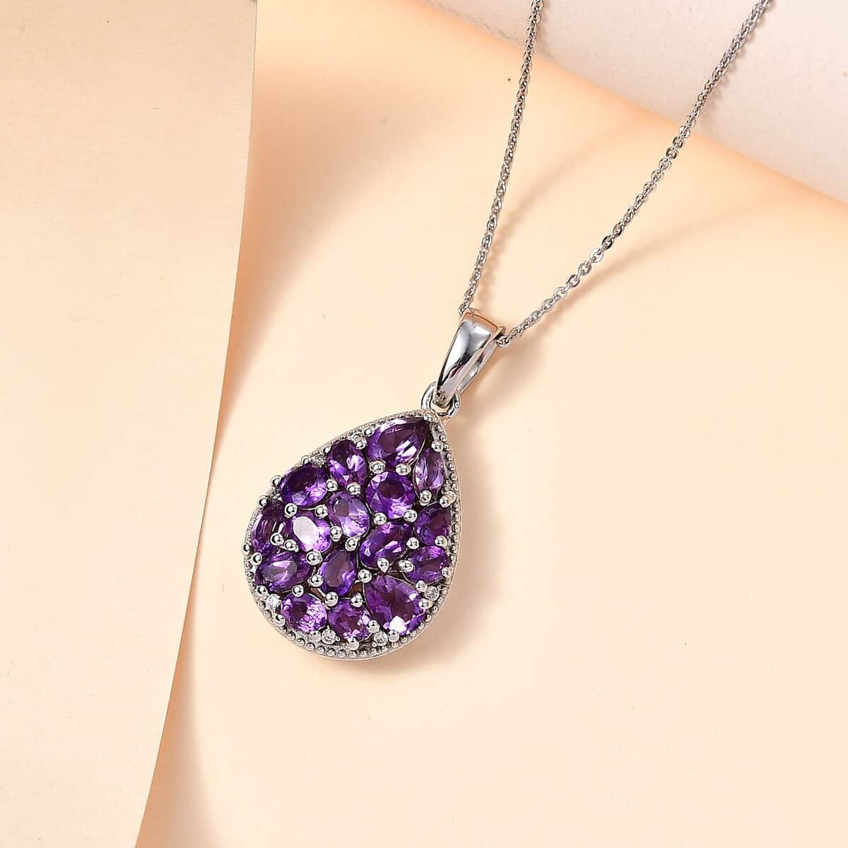 Uruguayan Amethyst and White Zircon Pendant Necklace 20 Inches in Platinum Over Sterling Silver 3.15 ctw image number 1