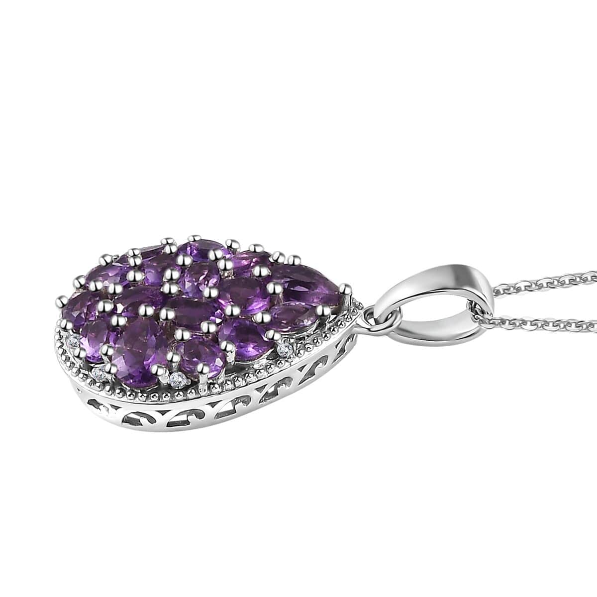 Uruguayan Amethyst and White Zircon Pendant Necklace 20 Inches in Platinum Over Sterling Silver 3.15 ctw image number 3