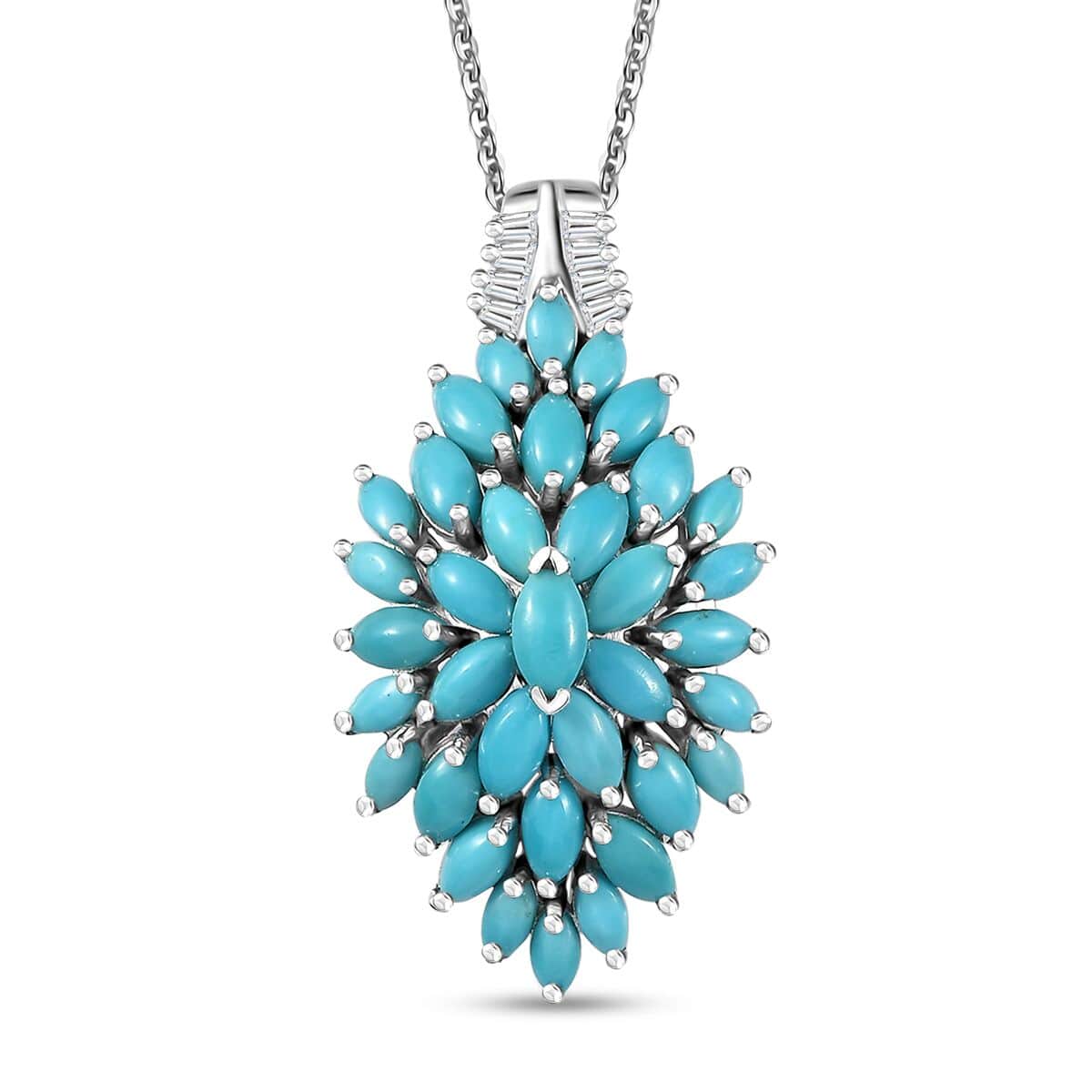 Sleeping Beauty Turquoise and White Zircon Floral Spray Pendant Necklace 20 Inches in Rhodium Over Sterling Silver 4.35 ctw image number 0