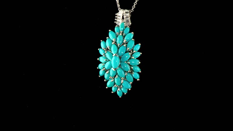 Sleeping Beauty Turquoise and White Zircon Floral Spray Pendant Necklace 20 Inches in Rhodium Over Sterling Silver 4.35 ctw