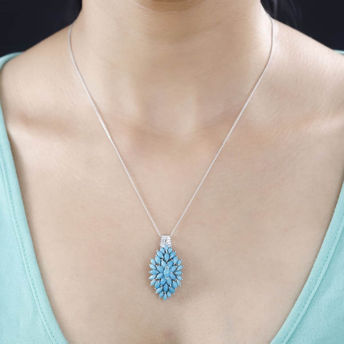 Sleeping Beauty Turquoise and White Zircon Floral Spray Pendant Necklace 20 Inches in Rhodium Over Sterling Silver 4.35 ctw image number 2