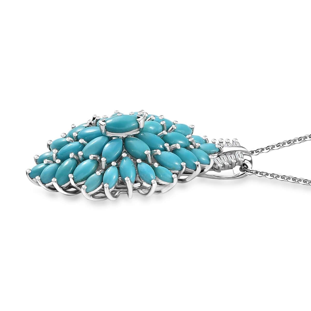 Sleeping Beauty Turquoise and White Zircon Floral Spray Pendant Necklace 20 Inches in Rhodium Over Sterling Silver 4.35 ctw image number 3