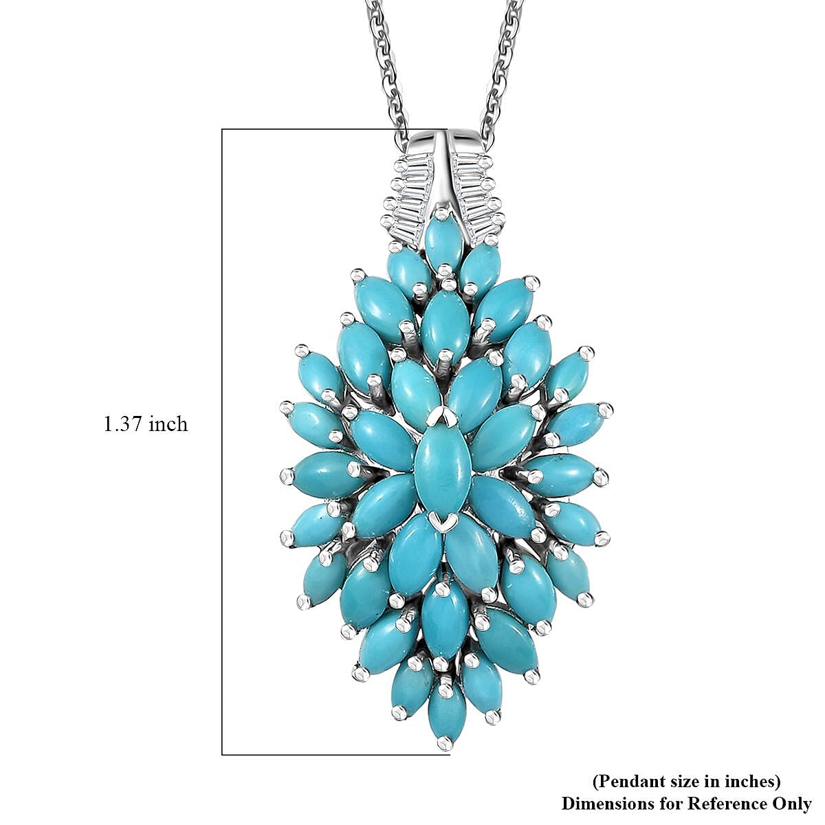 Sleeping Beauty Turquoise and White Zircon Floral Spray Pendant Necklace 20 Inches in Rhodium Over Sterling Silver 4.35 ctw