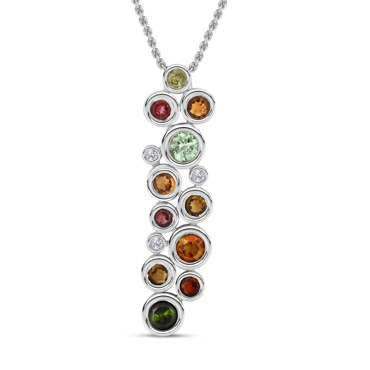 Multi-Tourmaline and White Zircon Pendant Necklace 18 Inches in Platinum Over Sterling Silver 1.70 ctw image number 0