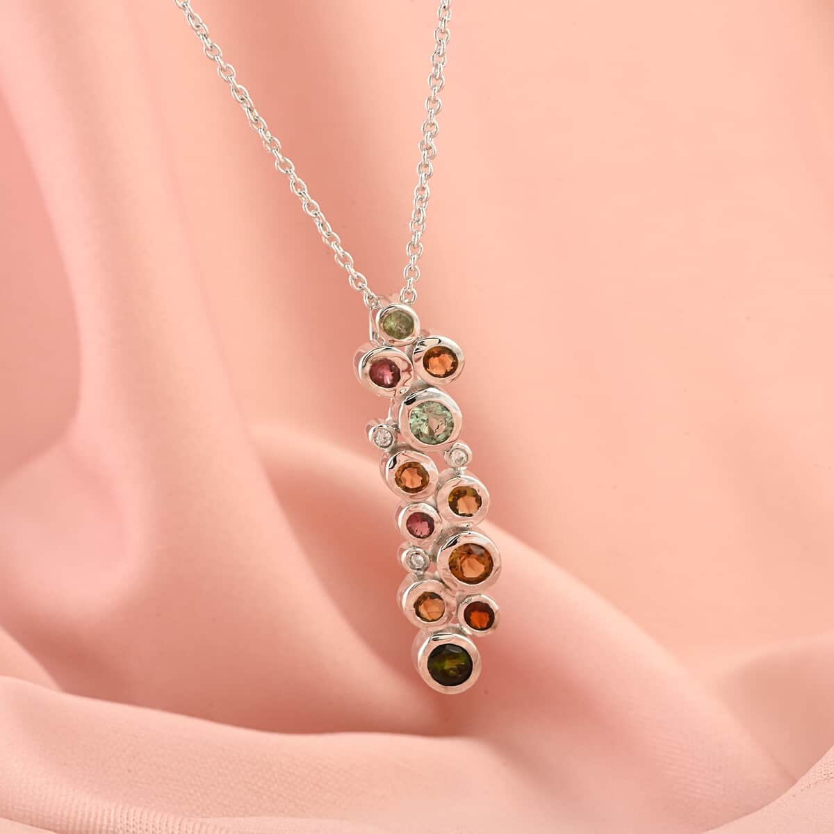 Multi-Tourmaline and White Zircon Pendant Necklace 18 Inches in Platinum Over Sterling Silver 1.70 ctw image number 2