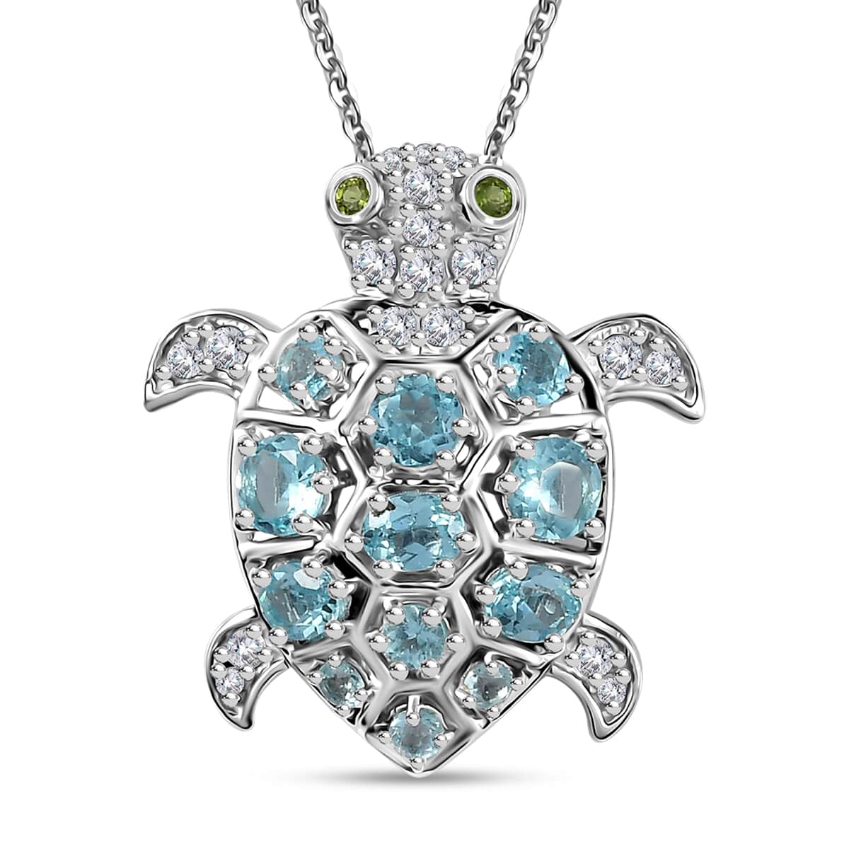 GP Trionfo Collection: Special Sealife Apatite and Multi Gemstone Turtle Pendant Necklace 20 Inches in Rhodium Over Sterling Silver 2.25 ctw image number 0