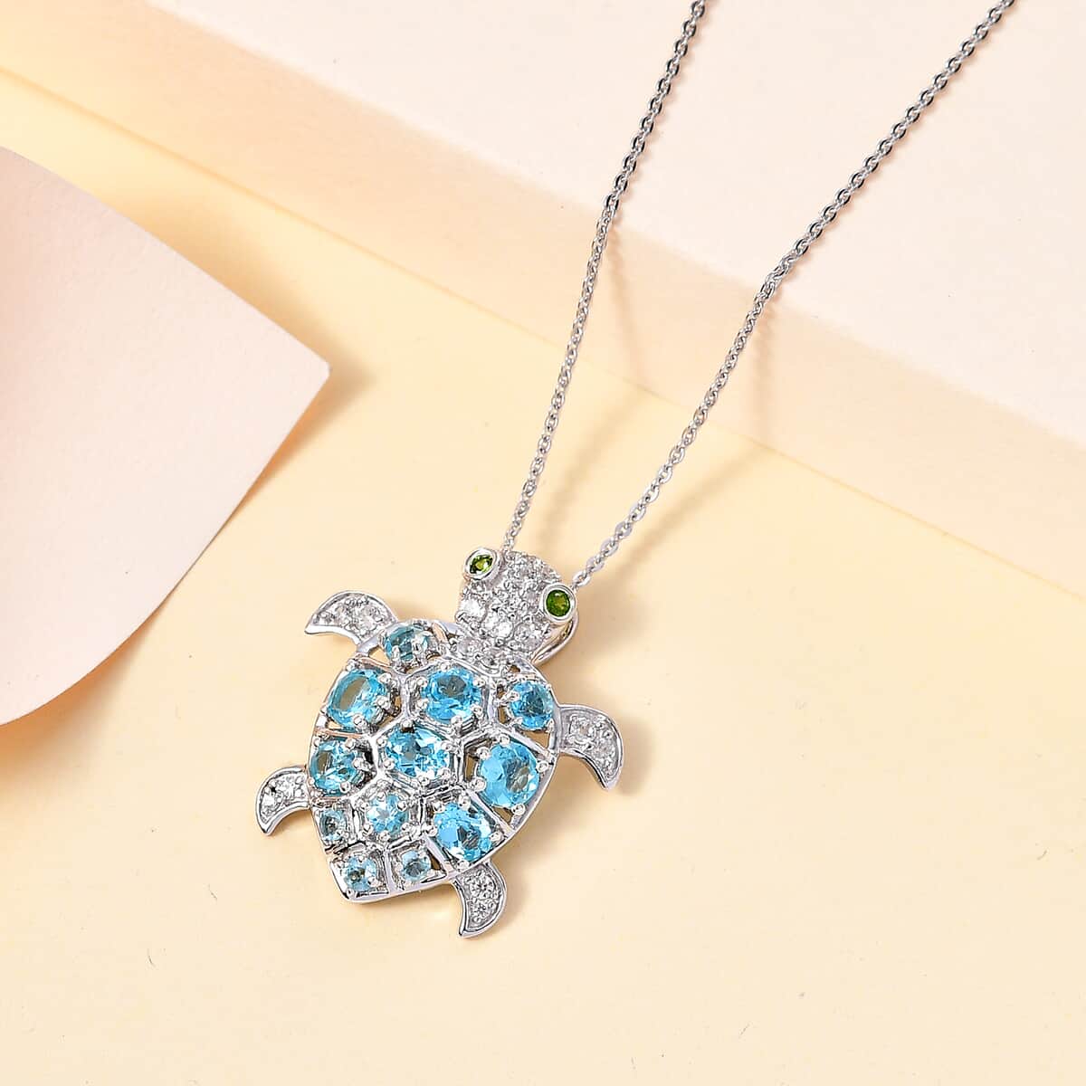 GP Trionfo Collection: Special Sealife Apatite and Multi Gemstone Turtle Pendant Necklace 20 Inches in Rhodium Over Sterling Silver 2.25 ctw image number 1