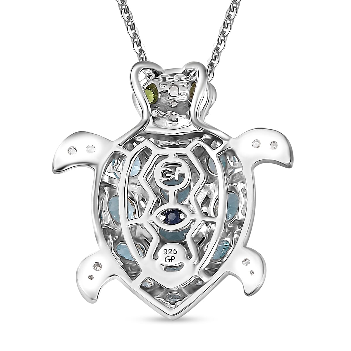 GP Trionfo Collection: Special Sealife Apatite and Multi Gemstone Turtle Pendant Necklace 20 Inches in Rhodium Over Sterling Silver 2.25 ctw