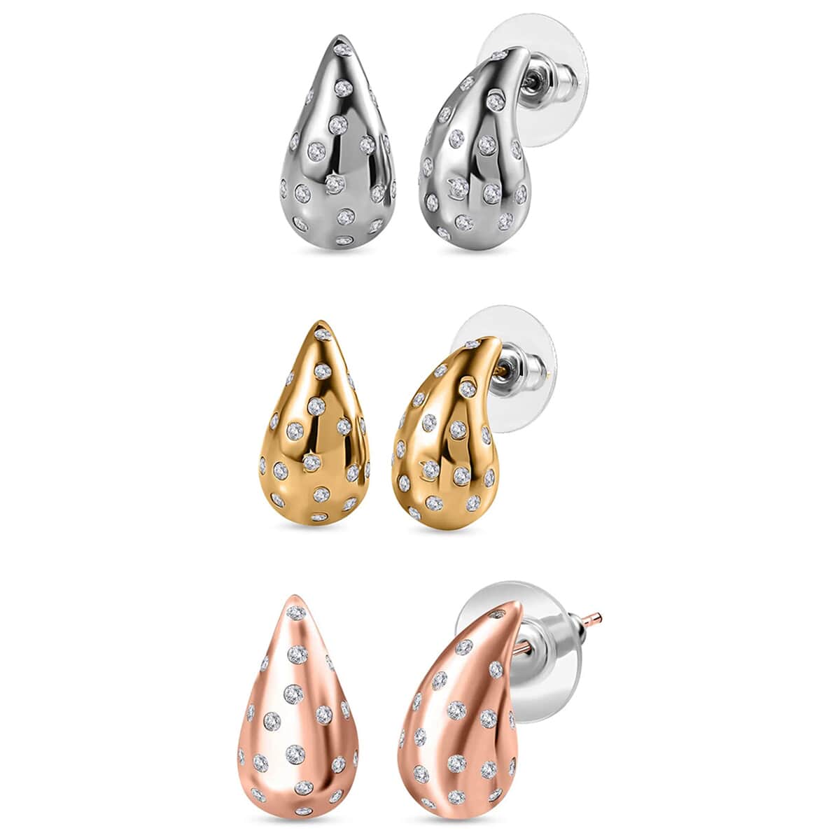 Set of 3 Moissanite Rain Drop Tear Drop Statement Earrings in Vermeil Yellow, Rose Gold and Platinum Over Sterling Silver 2.90 ctw image number 0