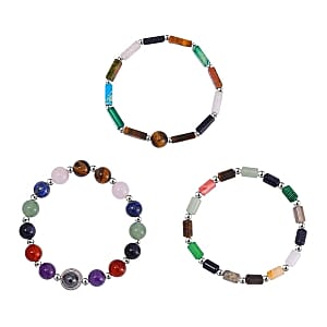 Multi-color Gemstone Beaded 190.50 ctw Set of 3 Bracelet (7.00-7.50 In) in Silvertone