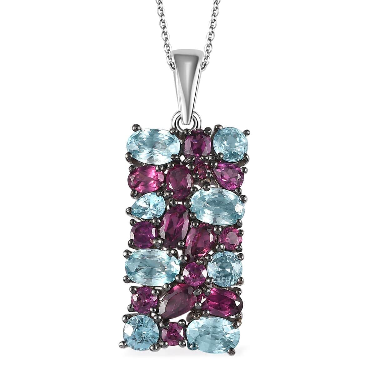 Cambodian Blue Zircon and Orissa Rhodolite Garnet Pendant Necklace 20 Inches in Platinum Over Sterling Silver 6.85 ctw image number 0