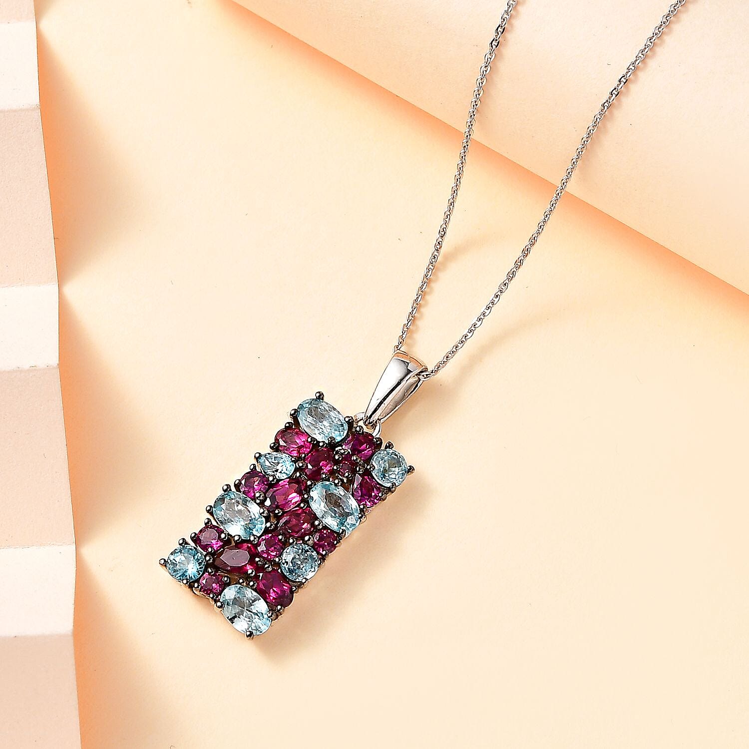 Cambodian Blue Zircon and Orissa Rhodolite Garnet Pendant Necklace 20 Inches in Platinum Over Sterling Silver 6.85 ctw