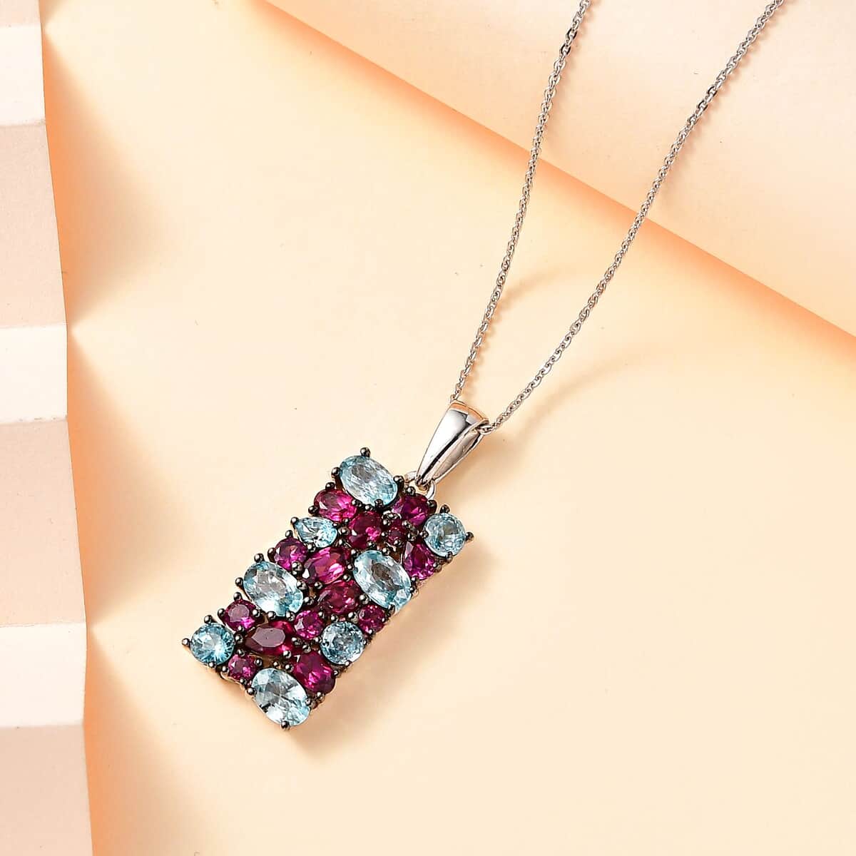 Cambodian Blue Zircon and Orissa Rhodolite Garnet Pendant Necklace 20 Inches in Platinum Over Sterling Silver 6.85 ctw image number 1