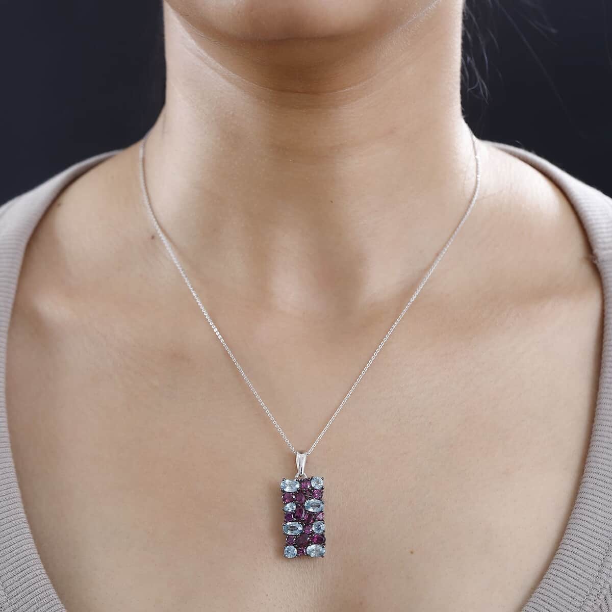 Cambodian Blue Zircon and Orissa Rhodolite Garnet Pendant Necklace 20 Inches in Platinum Over Sterling Silver 6.85 ctw image number 2