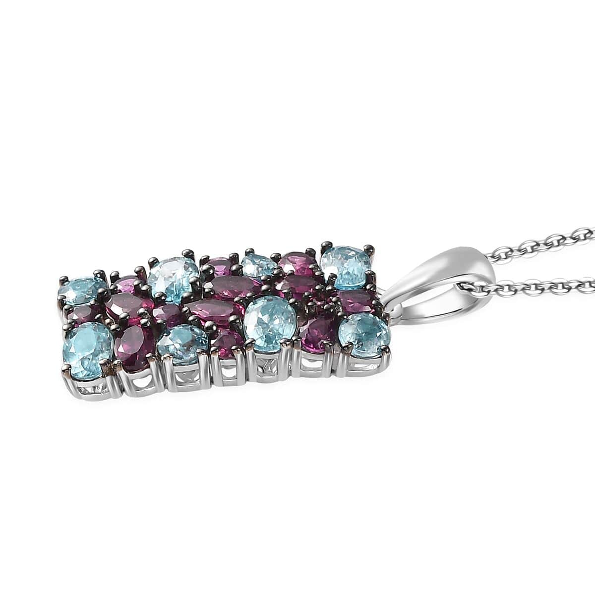 Cambodian Blue Zircon and Orissa Rhodolite Garnet Pendant Necklace 20 Inches in Platinum Over Sterling Silver 6.85 ctw image number 3