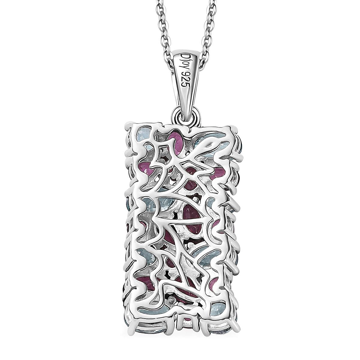 Cambodian Blue Zircon and Orissa Rhodolite Garnet Pendant Necklace 20 Inches in Platinum Over Sterling Silver 6.85 ctw