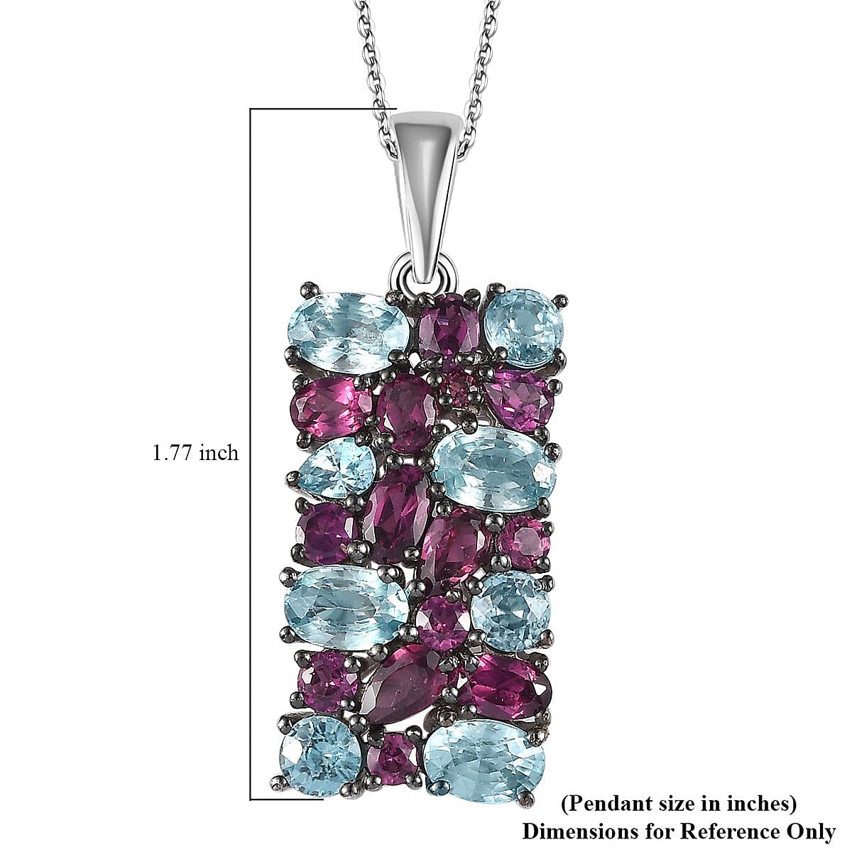 Cambodian Blue Zircon and Orissa Rhodolite Garnet Pendant Necklace 20 Inches in Platinum Over Sterling Silver 6.85 ctw
