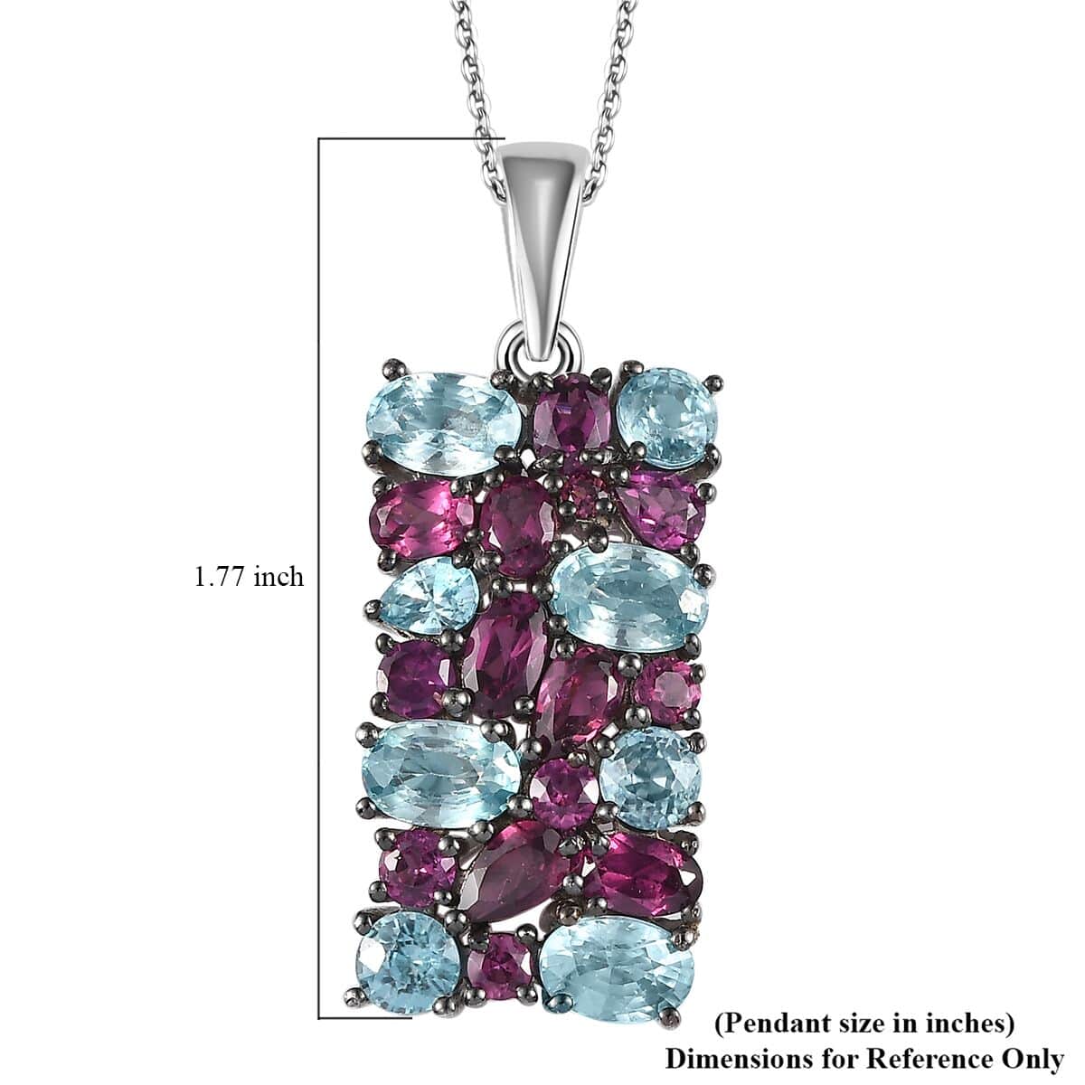 Cambodian Blue Zircon and Orissa Rhodolite Garnet Pendant Necklace 20 Inches in Platinum Over Sterling Silver 6.85 ctw image number 6