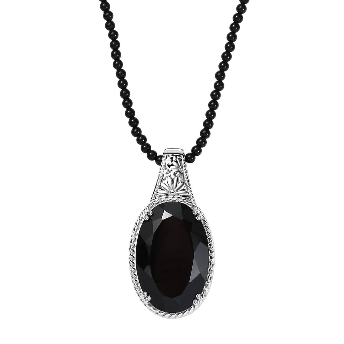 Thai Black Spinel 130.00 ctw Pendant with Beaded Necklace in Rhodium Over Sterling Silver 20 Inches image number 0