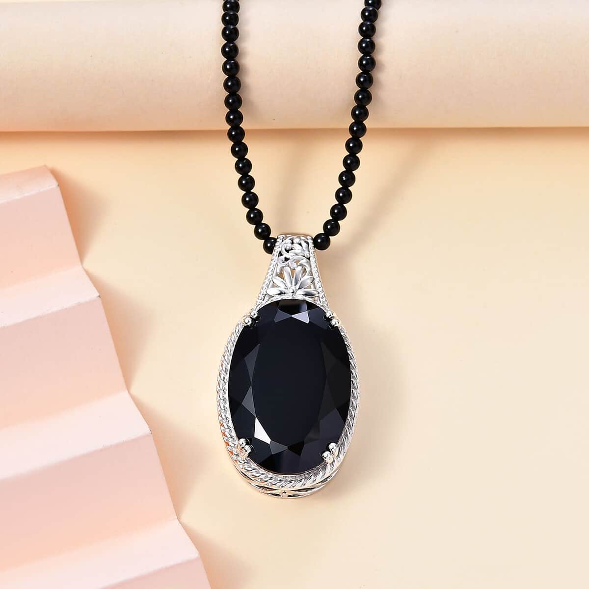 Thai Black Spinel 130.00 ctw Pendant with Beaded Necklace in Rhodium Over Sterling Silver 20 Inches image number 1