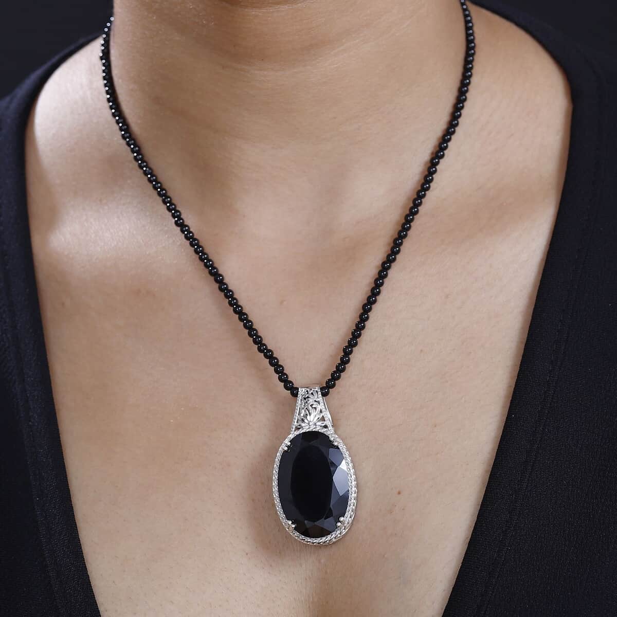 Thai Black Spinel 130.00 ctw Pendant with Beaded Necklace in Rhodium Over Sterling Silver 20 Inches image number 2