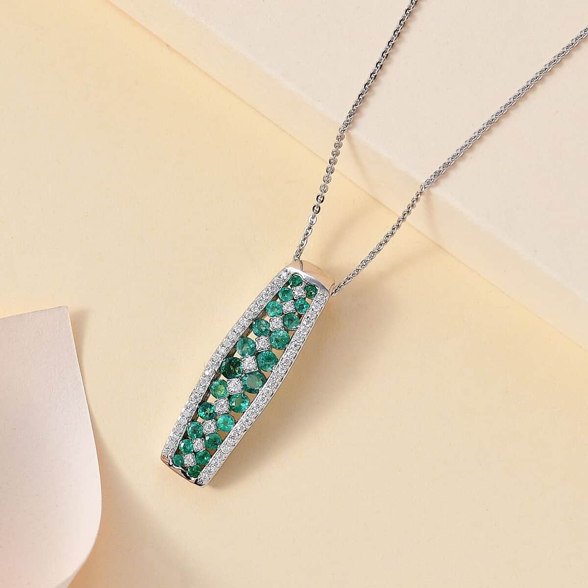 Premium Emerald, Moissanite Pendant Necklace (20 Inches) in Platinum Over Sterling Silver 1.40 ctw image number 1