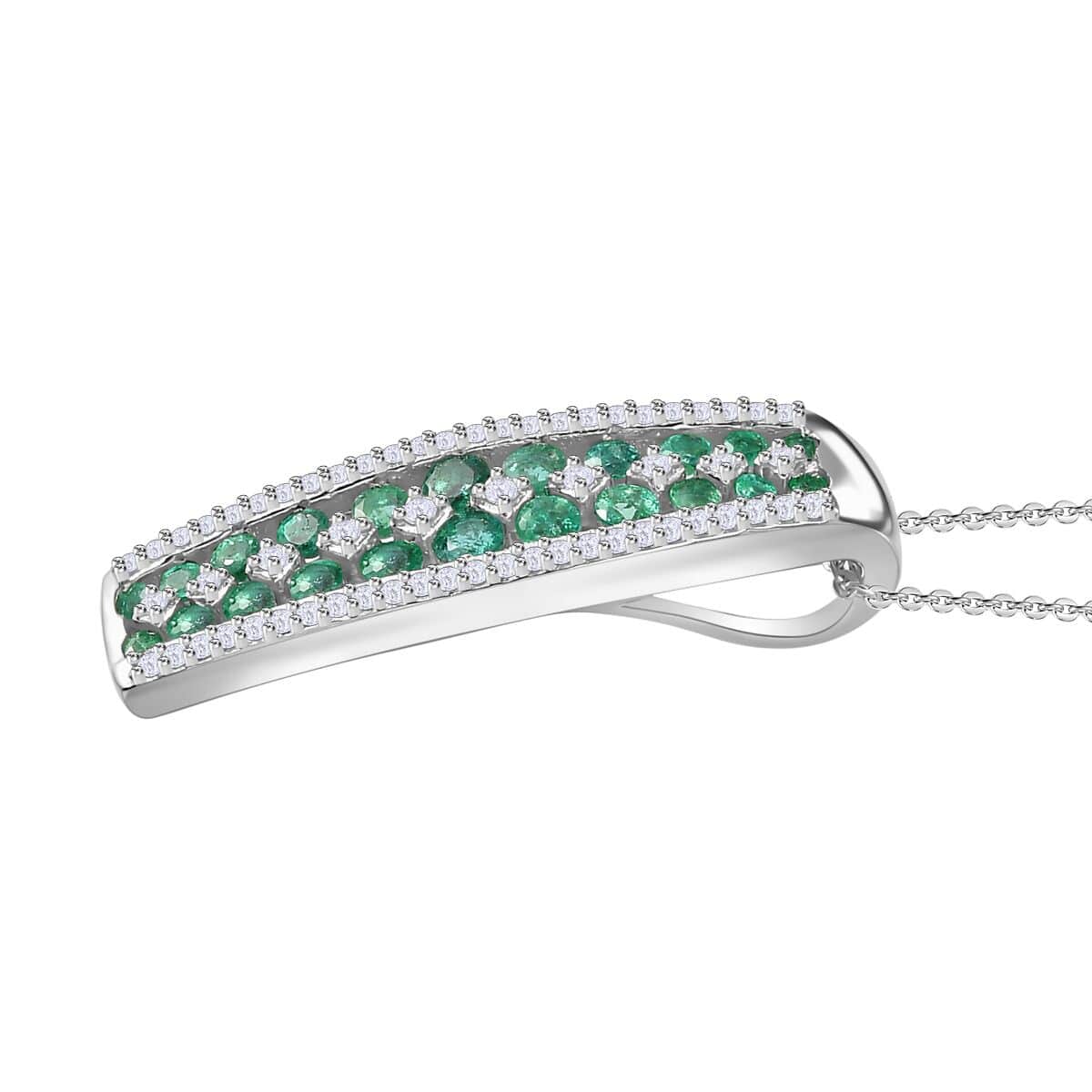 Premium Emerald, Moissanite Pendant Necklace (20 Inches) in Platinum Over Sterling Silver 1.40 ctw image number 3
