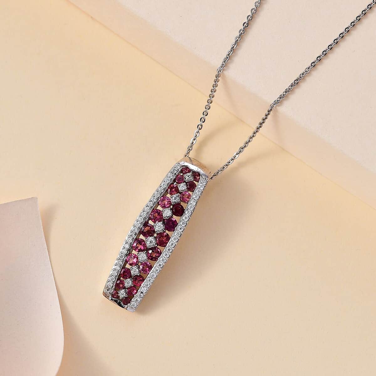 Premium Ofiki Rubellite and Moissanite Pendant Necklace 20 Inches in Platinum Over Sterling Silver 1.40 ctw image number 1