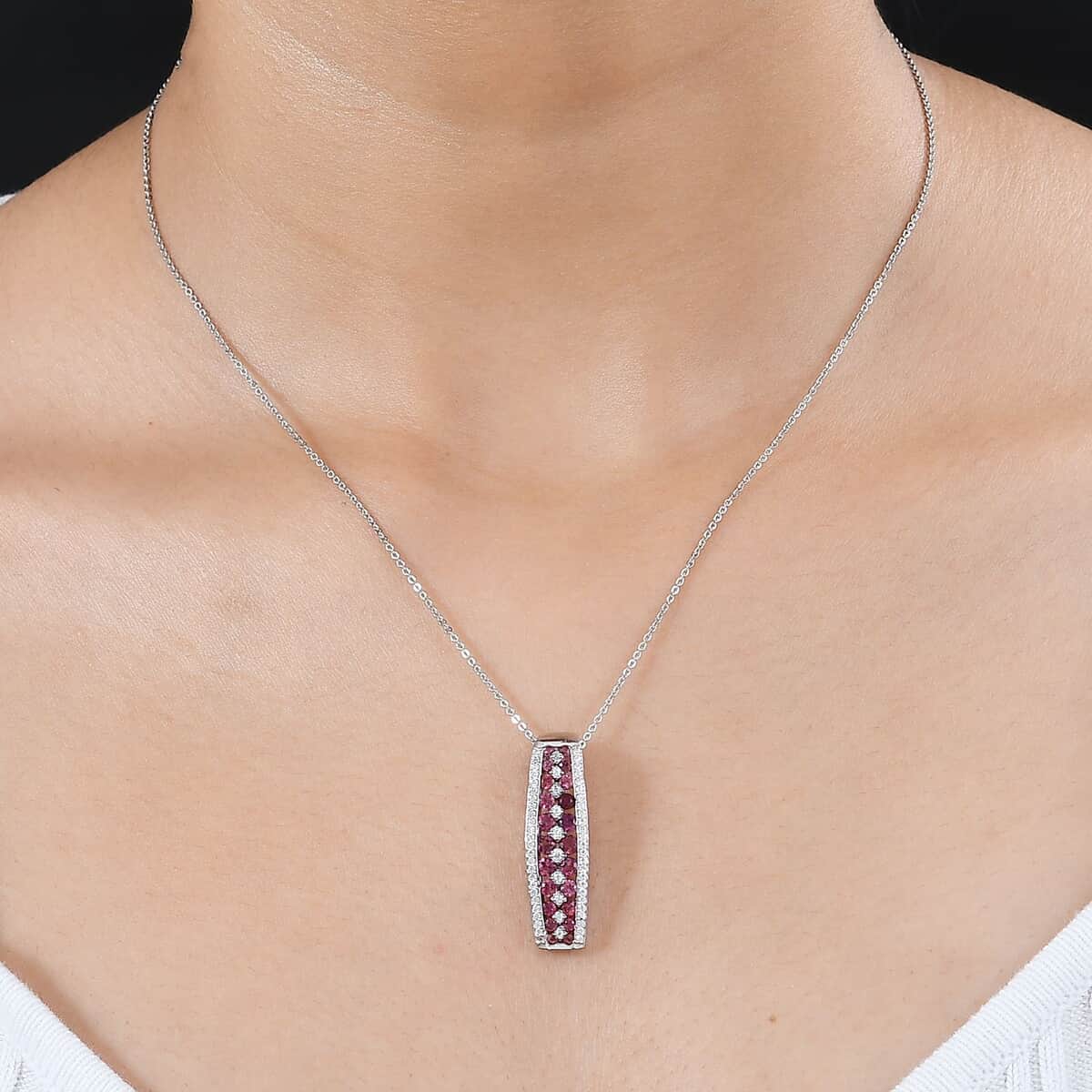 Premium Ofiki Rubellite and Moissanite Pendant Necklace 20 Inches in Platinum Over Sterling Silver 1.40 ctw image number 2