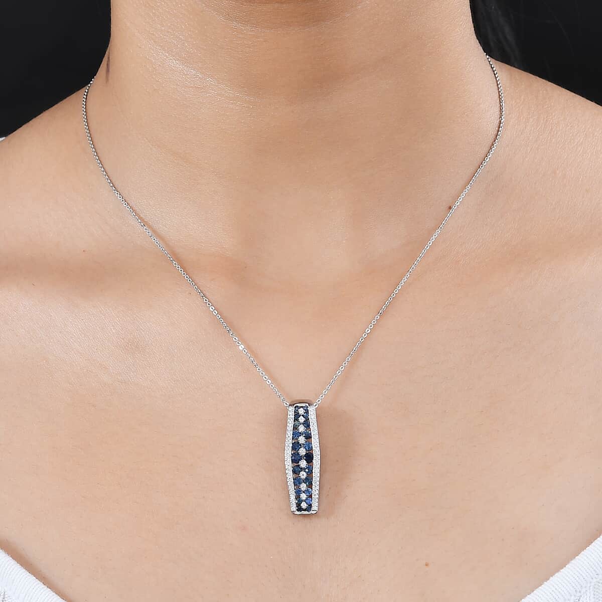 Premium Ceylon Blue Sapphire and Moissanite Pendant Necklace 20 Inches in Platinum Over Sterling Silver 1.65 ctw image number 2