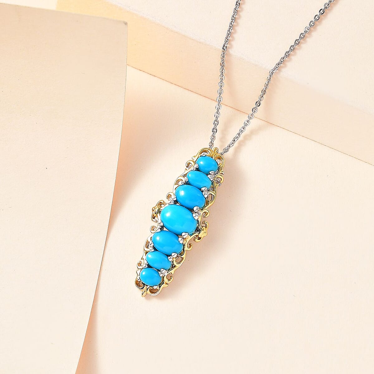 Premium Arizona Natural Turquoise Elongated Pendant Necklace 20 Inches in Vermeil Yellow Gold and Platinum Over Sterling Silver 2.25 ctw image number 1