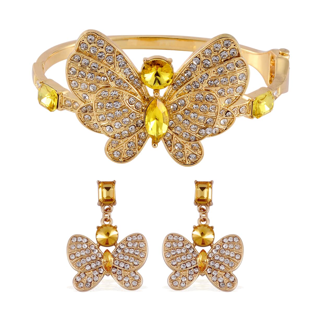 Yellow Glass and Austrian Crystal Butterfly Bangle Bracelet (7.50 In) and Earrings in Goldtone image number 0