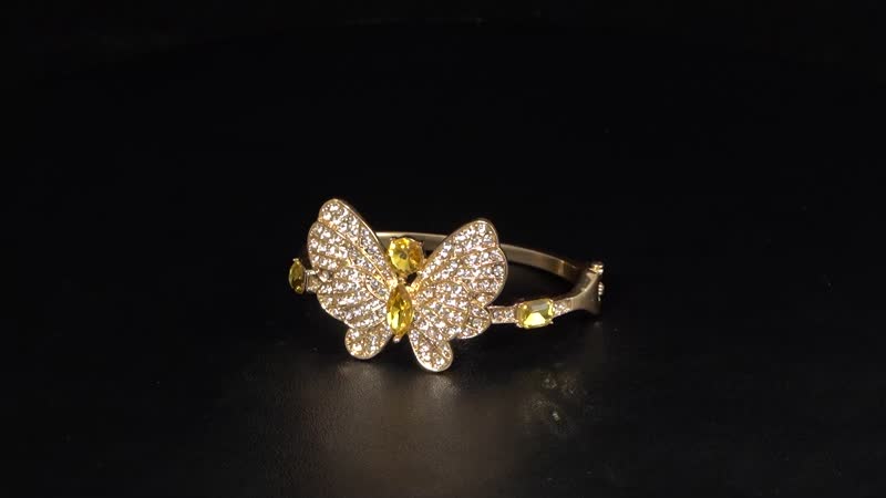 TLV Yellow Glass, Austrian Crystal Butterfly Bangle Bracelet (7.50 In) and Earrings in Goldtone