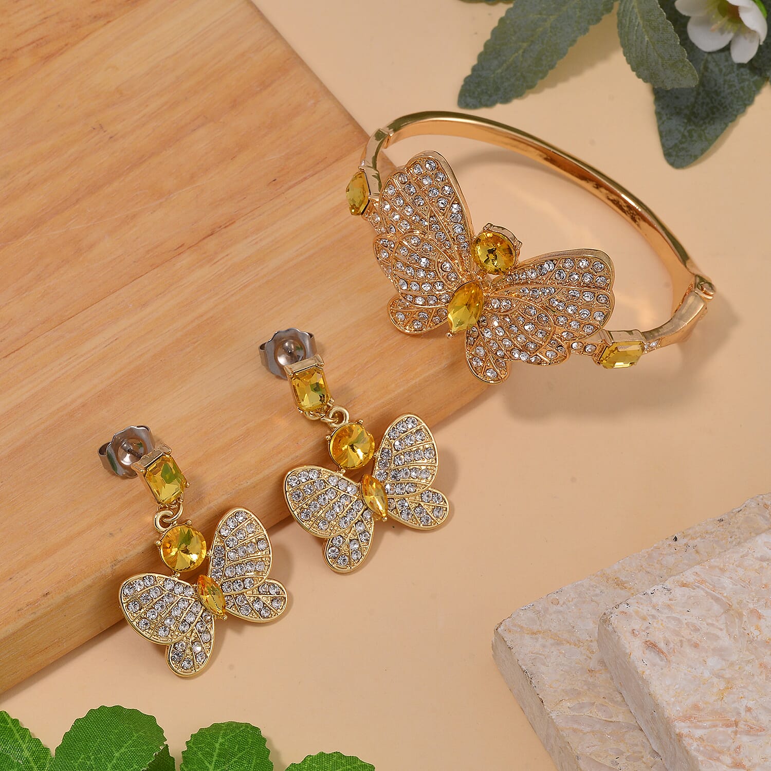 Yellow Glass and Austrian Crystal Butterfly Bangle Bracelet (7.50 In) and Earrings in Goldtone