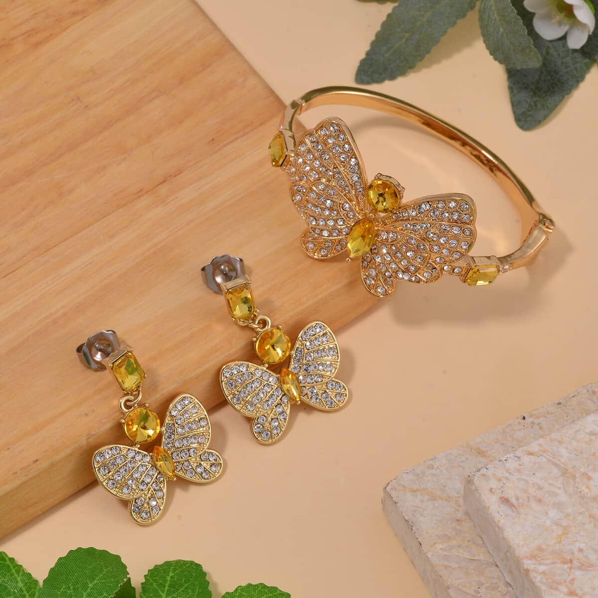 Yellow Glass and Austrian Crystal Butterfly Bangle Bracelet (7.50 In) and Earrings in Goldtone image number 1