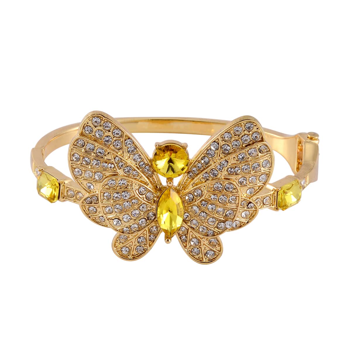 Yellow Glass and Austrian Crystal Butterfly Bangle Bracelet (7.50 In) and Earrings in Goldtone image number 2