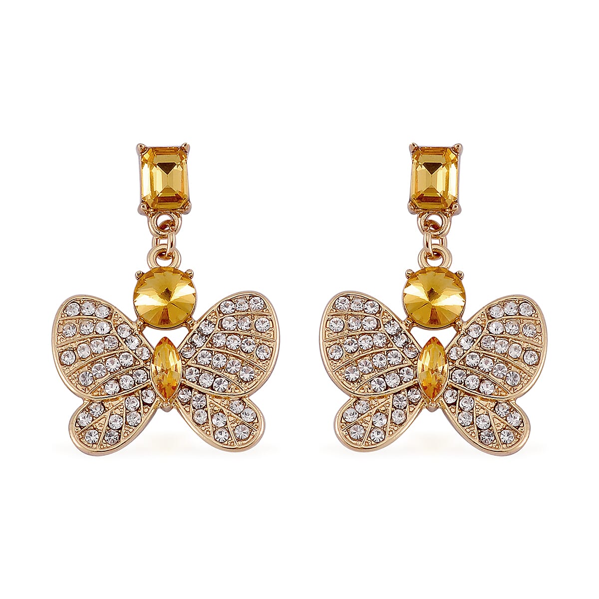 Yellow Glass and Austrian Crystal Butterfly Bangle Bracelet (7.50 In) and Earrings in Goldtone