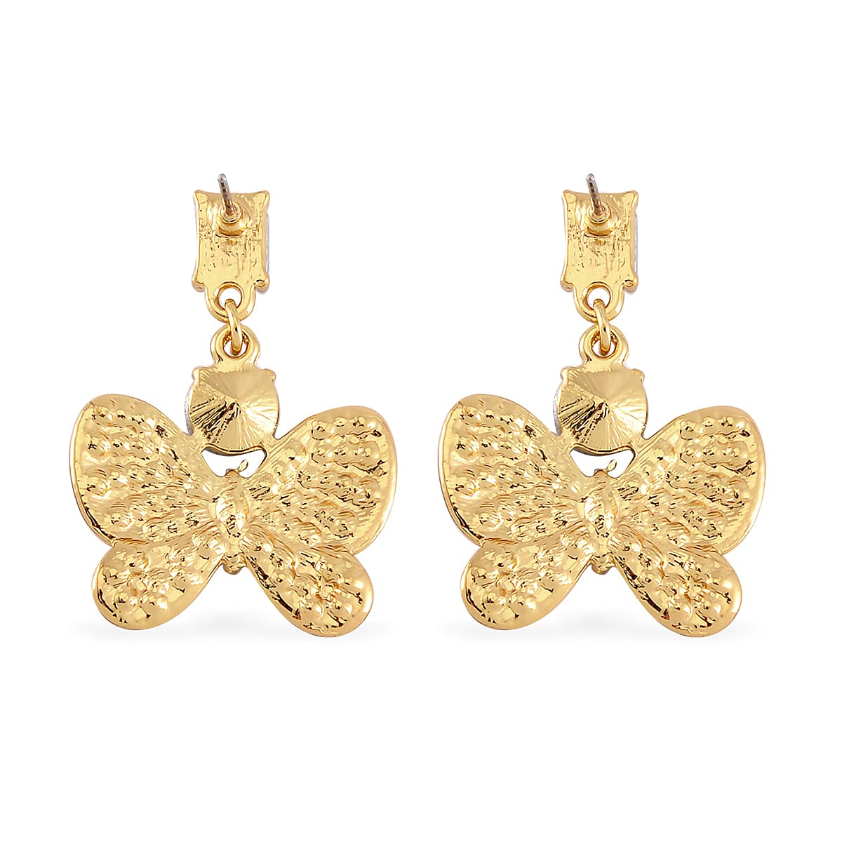 Yellow Glass and Austrian Crystal Butterfly Bangle Bracelet (7.50 In) and Earrings in Goldtone