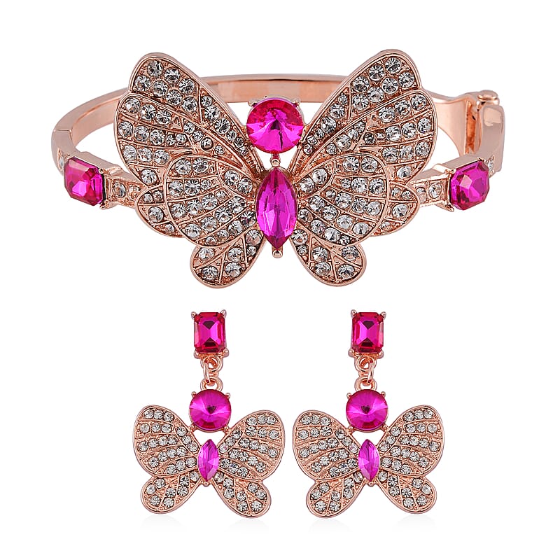 Fuchsia Glass and Austrian Crystal Butterfly Bangle Bracelet (7.50 In) and Earrings in Rosetone