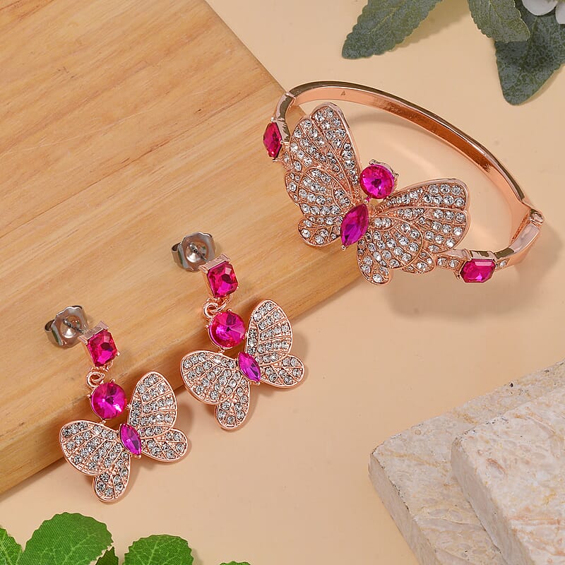 Fuchsia Glass and Austrian Crystal Butterfly Bangle Bracelet (7.50 In) and Earrings in Rosetone