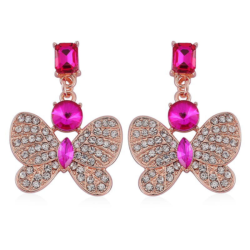 Fuchsia Glass and Austrian Crystal Butterfly Bangle Bracelet (7.50 In) and Earrings in Rosetone
