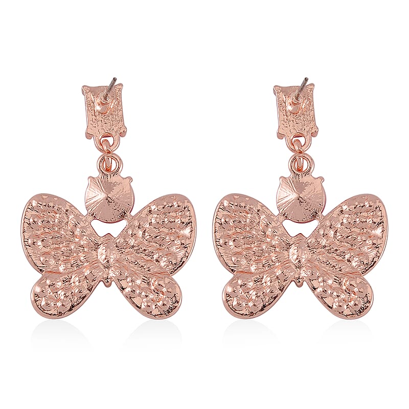 Fuchsia Glass and Austrian Crystal Butterfly Bangle Bracelet (7.50 In) and Earrings in Rosetone