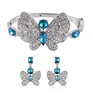 Blue Glass and Austrian Crystal Butterfly Bangle Bracelet (7.50 In) and Earrings in Silvertone