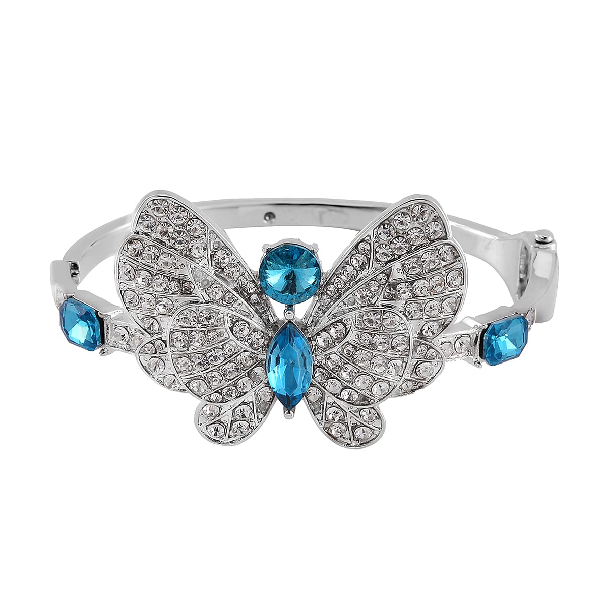 Blue Glass and Austrian Crystal Butterfly Bangle Bracelet (7.50 In) and Earrings in Silvertone image number 2