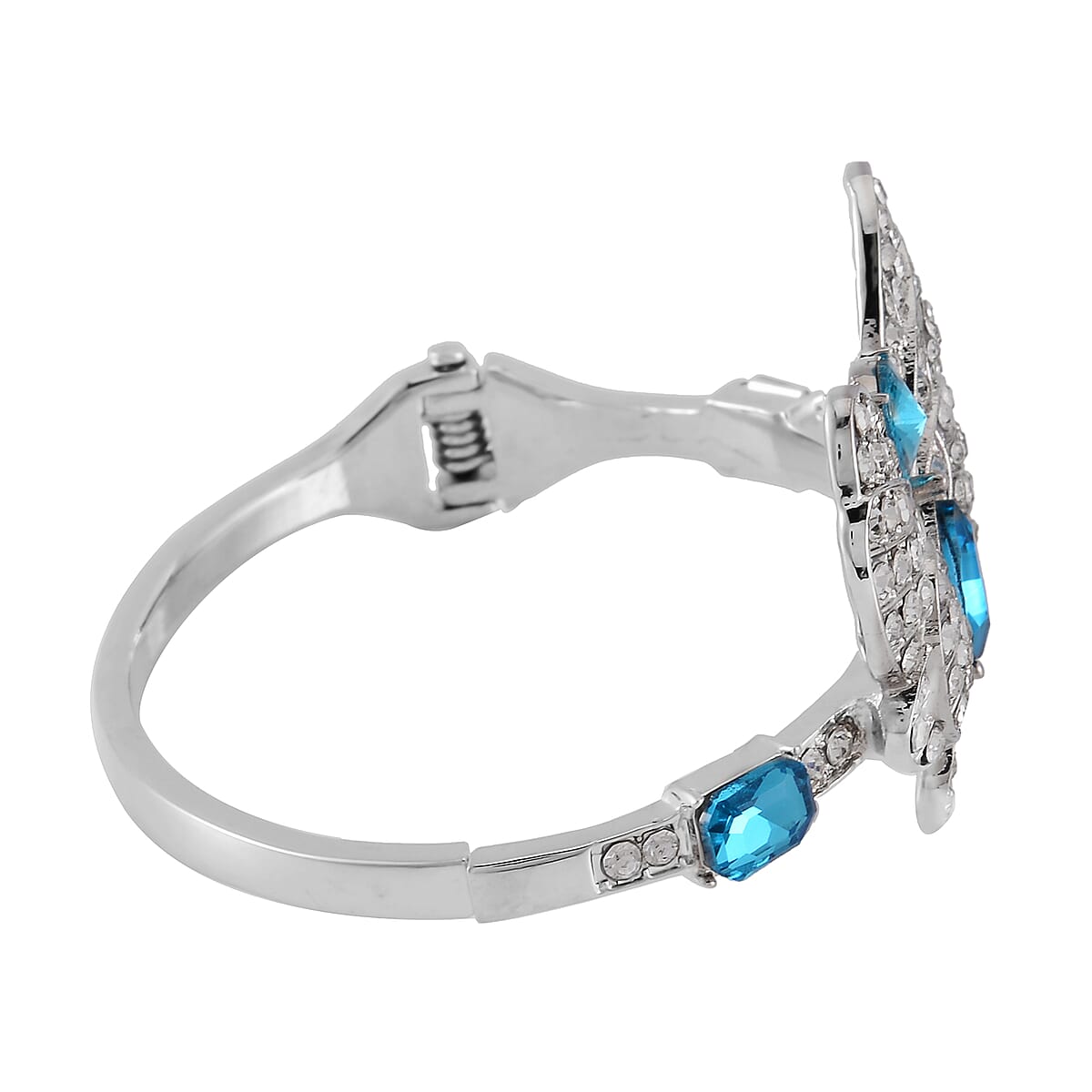 Blue Glass and Austrian Crystal Butterfly Bangle Bracelet (7.50 In) and Earrings in Silvertone image number 3