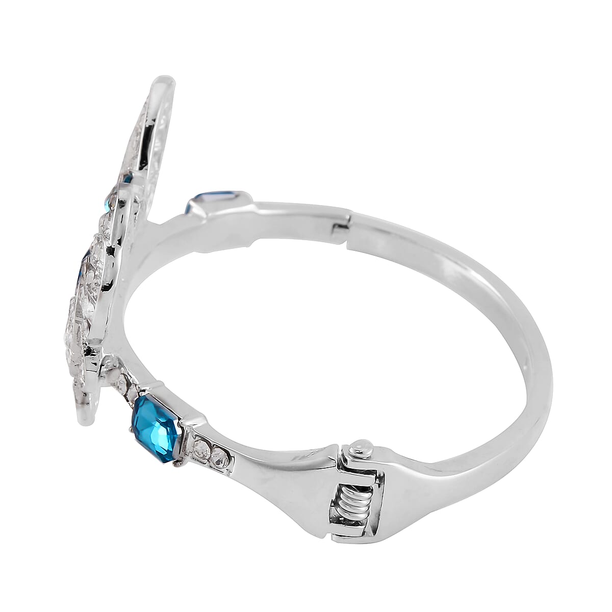 Blue Glass and Austrian Crystal Butterfly Bangle Bracelet (7.50 In) and Earrings in Silvertone image number 4
