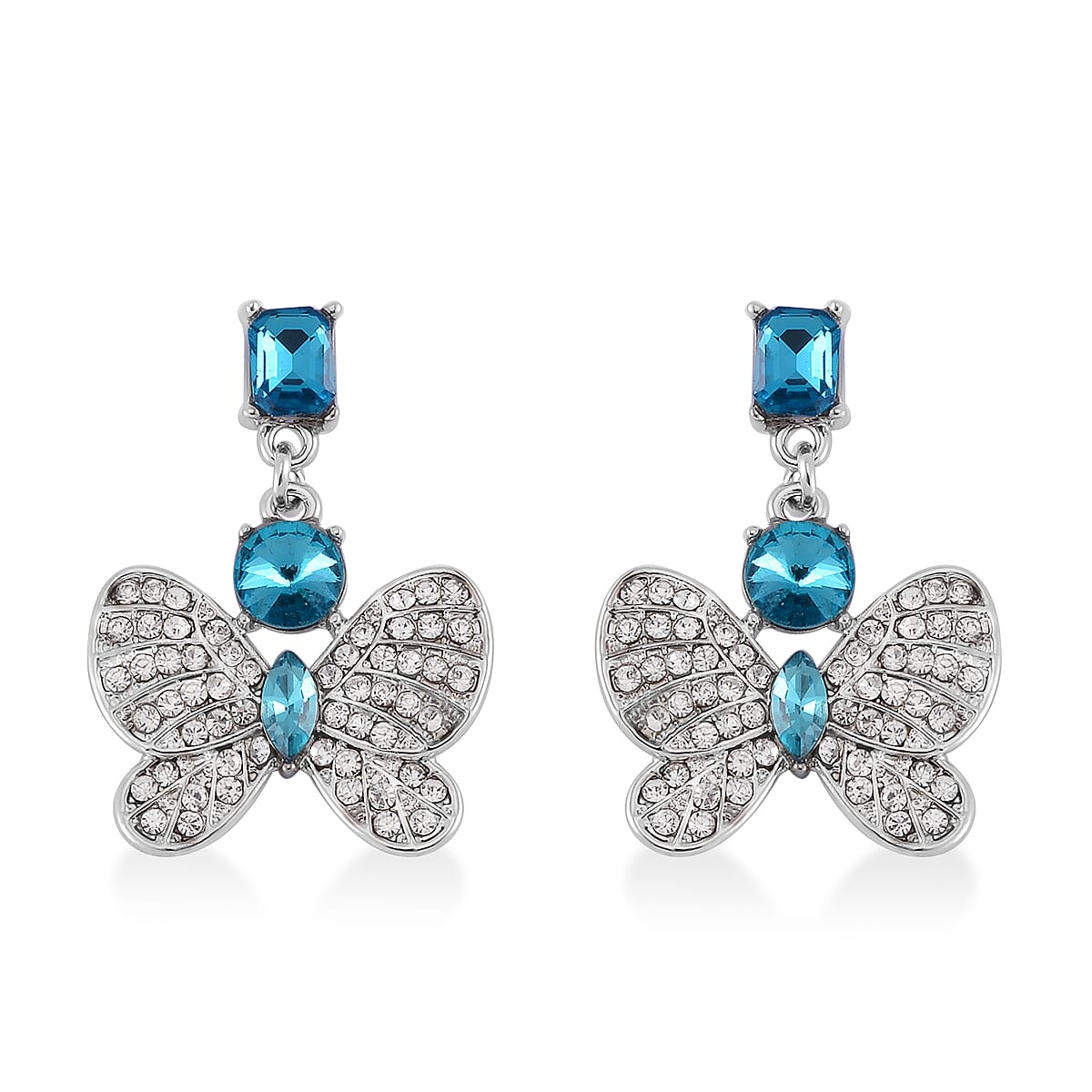 Blue Glass and Austrian Crystal Butterfly Bangle Bracelet (7.50 In) and Earrings in Silvertone image number 6