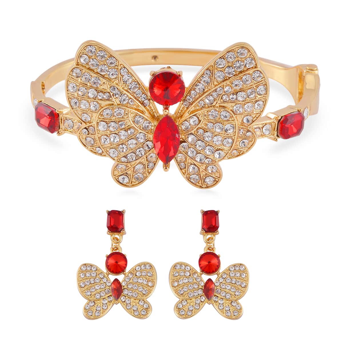 Red Glass and Austrian Crystal Butterfly Bangle Bracelet (7.50 In) and Earrings in Goldtone image number 0