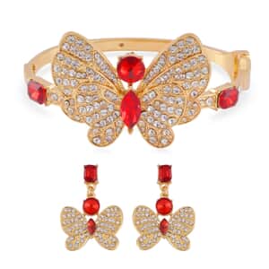 Red Glass and Austrian Crystal Butterfly Bangle Bracelet (7.50 In) and Earrings in Goldtone